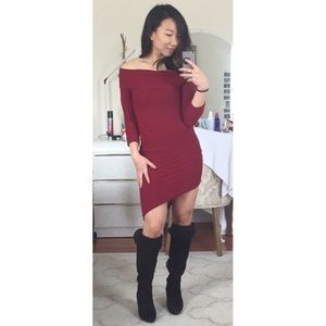 Deep Red Asymmetrical Off-Shoulder Sweater Dress